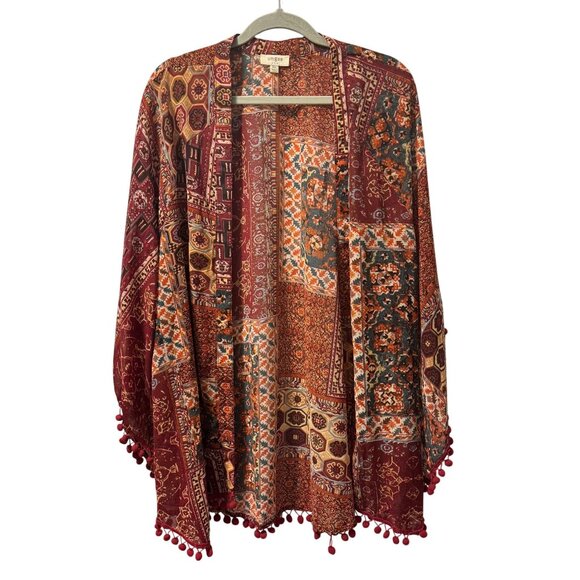 Umgee Womens Patchwork Boho Open Kimono Cardigan W/ Red Pom Trim Sz M/L - Picture 1 of 12